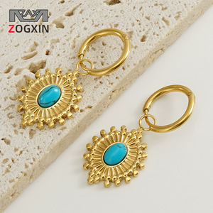 ZOGXIN Gold Turquoise Pendant Earrings Flower Design Geometric Bezel Setting For Women - Product Image 1
