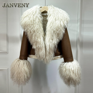 JANVENY 2024 <strong>Winter</strong> <strong>Warm</strong> Faux Leather Sheepskin Coat <strong>Women</strong> Large Real Wool Fur Collar Zipper Slim Biker Pu Leather Short <strong>Jacket</strong> - Product Image 4