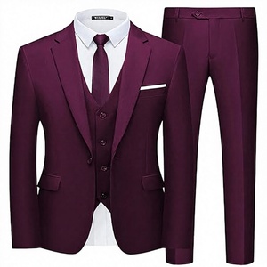 Traje de 3 piezas para hombre, mezcla de lana morada, blazer, chaleco y pantalón, formal, para negocios o bodas, antiarrugas, corte ajustado, botonadura sencilla - Product Image 1