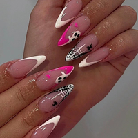 24 faux ongles à presser pour Halloween, forme amande, French manucure, motif toile d'araignée fantôme mignon, réutilisables, en acrylique, pour femmes et filles