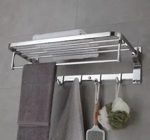 TOMU Modern Durable Strong Towel Rack SS304 Chrome Towel Holder Bathroom Accessory 60cm Towel Rack With Hooks