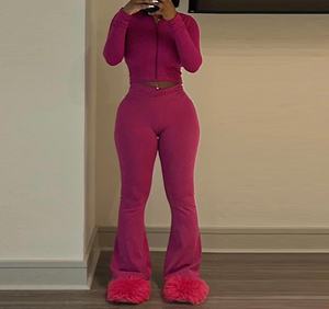 Viviblook Z1211ST Veste à fermeture éclair à manches longues pour femmes et pantalon évasé Slim Fit 2 pièces Set Yoga Sportswear Gym Vêtements Tenues - Product Image 2