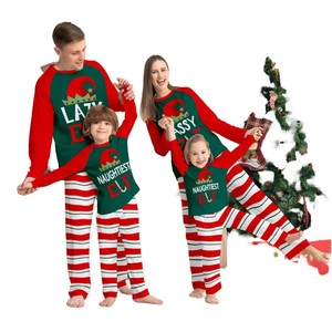 Ropa de casa para padres e hijos pareja chico Bady perro ropa de dormir dibujos animados Santa sombrero con monograma rayas familia Navidad pijamas conjunto - Product Image 1