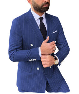 Traje <span class=keywords><strong>Azul</strong></span> a Rayas para <span class=keywords><strong>Hombre</strong></span>, Blazer Cruzado, Traje de Dos Piezas con Solapa en Pico, Corte Entallado, Esmoquin Personalizado para Novio, Trajes de Gala, Ternos - Product Image 1