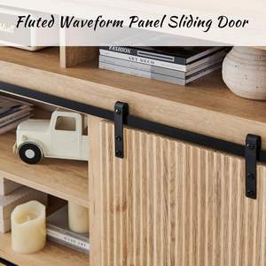 Meuble <span class=keywords><strong>TV</strong></span> Centre <span class=keywords><strong>de</strong></span> divertissement moderne avec porte coulissante à panneau <span class=keywords><strong>de</strong></span> forme d'onde, meuble <span class=keywords><strong>de</strong></span> rangement pour console multimédia, <span class=keywords><strong>barre</strong></span> <span class=keywords><strong>de</strong></span> <span class=keywords><strong>son</strong></span> et étagère réglable - Product Image 3