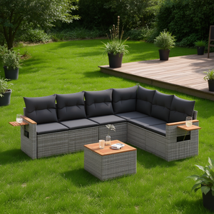 Set Divano da Giardino Grigio per Esterni a 6 Posti in Rattan Intrecciato con Tavoli in Legno Teak, Design Contemporaneo Resistente alle Intemperie - Product Image 2