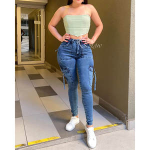 Jeans cargo skinny extensible uni taille haute avec poches Jeans personnalisés pour femmes Pantalons en denim pour maman Taille plus grande Jeans colombiens Taille moyenne - Product Image 1