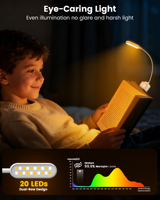 Lámpara de Lectura Portátil Flexible con 20 LED para el Cuidado de los Ojos, Recargable por USB de 1200 mAh, 90 Horas de Duración, con Clip para Libros, para Dormitorio, Venta al por Mayor
