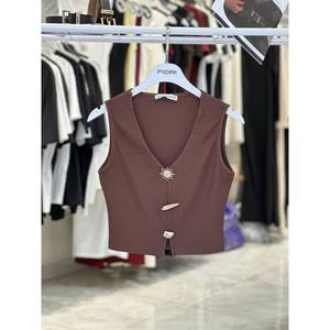 Fiori <b>Brown</b> Knitted Crop <b>Top</b> Sleeveless V-Neck <b>Women's</b> Tank <b>Top</b> Everyday Fashion - Product Image 1