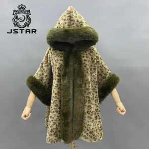 Oem Popular Winter Soft Warm Poncho Leopard Print Cape Hooded Women Knit Poncho With Faux Fur Trim