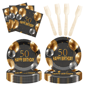 DAMAI - Artículos para Fiesta de Cumpleaños Azul Número 50, Platos Negros y Dorados de 300 GSM, Servilletas Azules, Recuerdos para Fiesta de Cumpleaños, Sirve para 8 Personas - Product Image 1