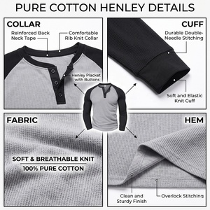 T-shirt Henley a Maniche Lunghe da Uomo con Logo Personalizzato, Premium, Raglan, Color Block, in Maglia Waffle, Vestibilità Slim, Top Sportivo per Pendolari, Vendita all'Ingrosso - Product Image 4
