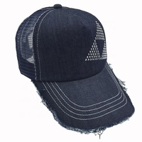 Diseño personalizado borde deshilachado Hot Fix Iron Tablets bordado 5-Panel Denim poliéster malla gorra de camionero