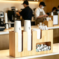 Organizador de tapas de tazas y pajitas de madera rústico multifuncional para mostrador de café, dispensador de gran capacidad para condimentos y servilletas de café