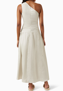 Abito lungo monospalla personalizzato da donna, elegante, <span class=keywords><strong>in</strong></span> 100% <span class=keywords><strong>lino</strong></span>, abbigliamento estivo di alta gamma, abito elegante da donna a tinta unita con dettagli traforati - Product Image 3