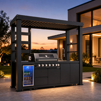 Îlot de cuisine extérieur 107,8 po avec toit à pignon, en acier inoxydable 304, avec barbecue à gaz, réfrigérateur et évier, pour jardin - Stock USA