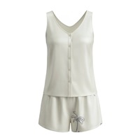 Ensemble deux pièces gilet sans manches boutonné et short en rayonne, motif palmier brodé, mode estivale, vêtements d'intérieur pour femmes