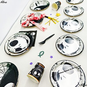 DAMAI Happy Halloween <b>Black</b> Skull Party Supplies Trending Disposable <b>Plates</b> Tableware Paper Napkins Cups <b>Plates</b> - Product Image 2