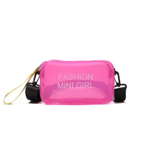 Tas selempang transparan untuk wanita, tas Tote Kecil PVC Jelly huruf modis warna permen