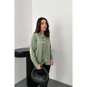 Camisas de Satén Color Menta al por Mayor, Estampado Floral Sólido, Tejido de Algodón y Chifón, Estilo Casual, Botones, Tallas XS-XL para Primavera y Otoño - Product Image 4