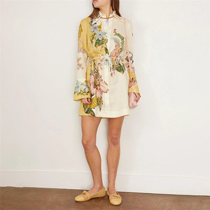 <span class=keywords><strong>Été</strong></span> Nouveau <span class=keywords><strong>Bohème</strong></span> Retro Print Mini Jupe <span class=keywords><strong>Robe</strong></span> Femmes Lapel Manches Longues Tie-Waist Button Dress - Product Image 2
