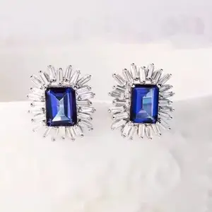 delicate daily wear gemstone jewelry 925 sterling silver 18k white gold plated 5x7mm natural tanzanite blue topaz stud earring