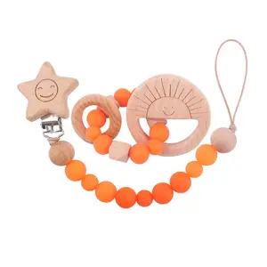 Benutzer definierte Silikon Baby Beißring Kette Buche Schnuller Kette Baby Silikon Tier Perlen Buche Spielzeug Beißring Set Geschenk