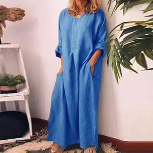 Phụ Nữ Thoải Mái Linen Vải Maxi Dresses Kích Thước Lớn Lỏng O-Cổ Dài Tay Áo Phụ Nữ Ăn Mặc Giản Dị