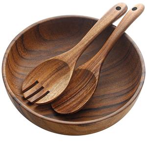 Juego de Tazones Redondos Grandes de Madera de Acacia para Servir Ensaladas con Tenedor y Cuchara, Tazones de Madera para Ensaladas, Juego de Ensaladas para Cena Familiar - Product Image 1