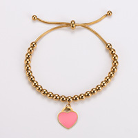 Bracelet ajustable en acier inoxydable plaqué or 18 carats avec breloque cœur en émail et perles pour femmes et jeunes filles