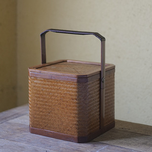 Retro Bamboo Woven <b>Basket</b> <b>Square</b> With Lid Handmade Portable Tea Set Storage Box For Picnic Travel - Product Image 1