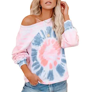 Custom Lange Mouwen Tie Dye Print Vrouwen T-shirt Casual Dames Ronde Hals Drop Schouder Loose Fit Tops Voor Lente en Herfst