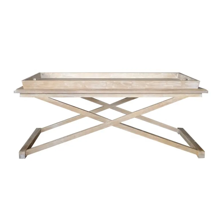 Mesa de centro de madera lavada blanca con patas cruzadas, <span class=keywords><strong>muebles</strong></span> de estilo acampanado, con bandeja superior