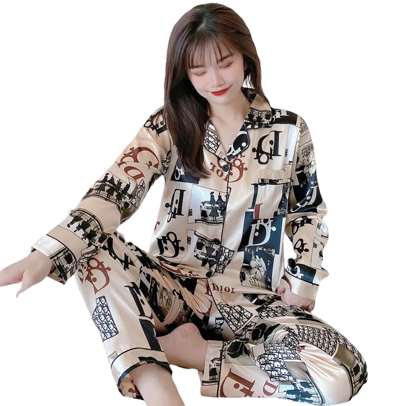 Fall SleepWear Lady 2 Piece Nightwear Nighty Home Clothes Silk Pyjama Designer Inspired Pajama Satin Night Suit For Women