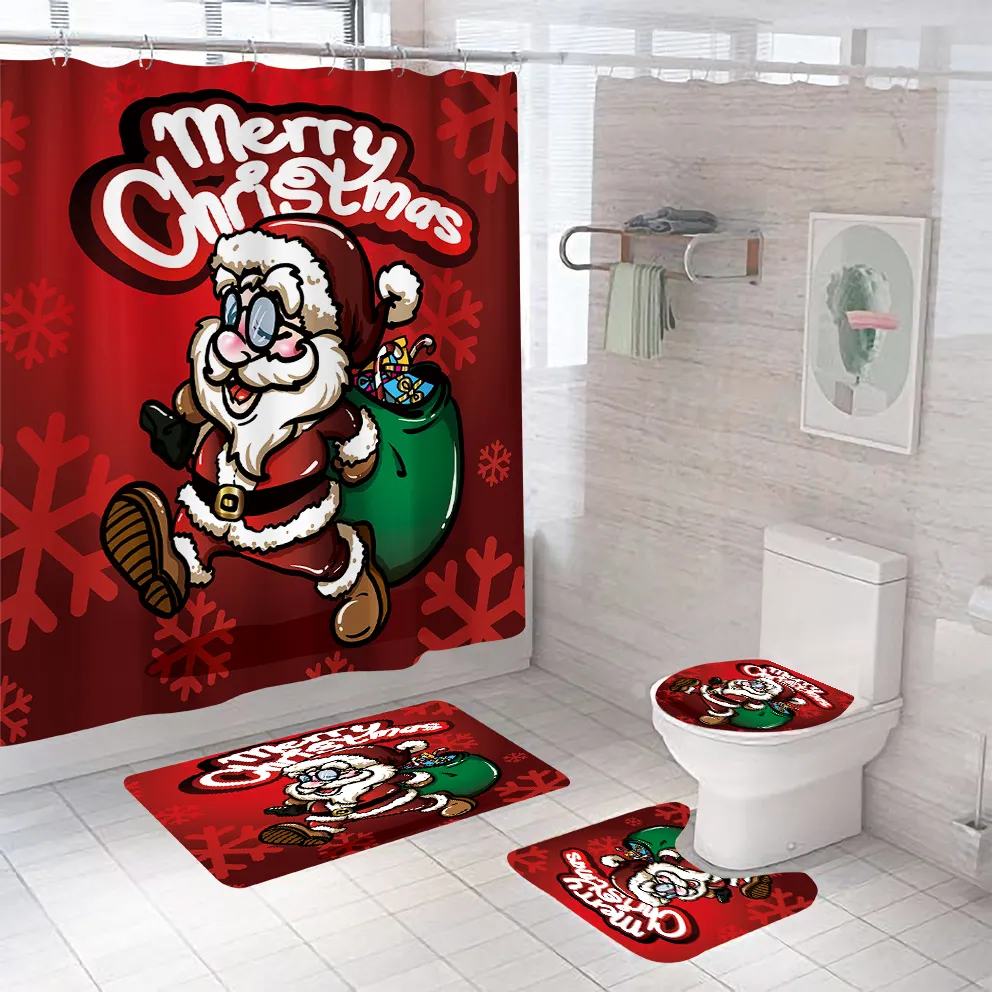 Wholesale Custom Luxury Print Christmas Pattern Mildew Resistant Waterproof Bathroom Sets Personalized 4 Pcs Shower Curtain Set