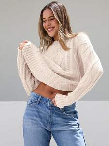 Pulls décontractés surdimensionnés en maille torsadée à col rond pour femmes - <span class=keywords><strong>Pull</strong></span> chaud avec possibilité de personnalisation - Product Image 4