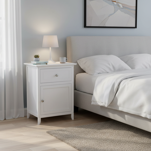 Comodino Bianco in Legno con Cassetto e Armadietto per Camera da Letto, Design Contemporaneo - Product Image 3