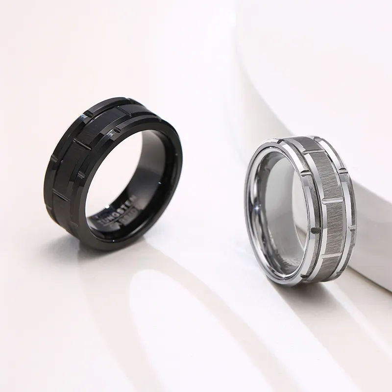 8mm Black Silver Mens Wedding Band Brick Pattern Brushed Finished Beveled Edges Engagement Promise Tungsten Carbide Steel Ring
