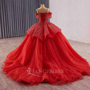 Robes de mariée élégantes à épaules dénudées, en dentelle rouge perlée avec appliques, pour la mariée, robes de mariée à volants, Vestido De Noiva Rsm251019 - Product Image 3