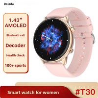 Montre connectée T30 1,43 pouces pour femmes, écran AMOLED élégant, surveillance continue du rythme cardiaque, surveillance de l'oxygène sanguin (SpO2), alerte de fréquence cardiaque élevée, IP67