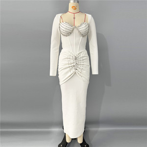 Vestido Midi Corsé con Cristales para Mujer - Vestido de Noche Elástico con Cintura Fruncida y Manga Larga - Product Image 4