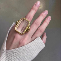 Bague carrée rétro en pierre naturelle et cristal, style exagéré, sensation haut de gamme, pour femme, bijou quotidien ou de soirée – Grande Vente