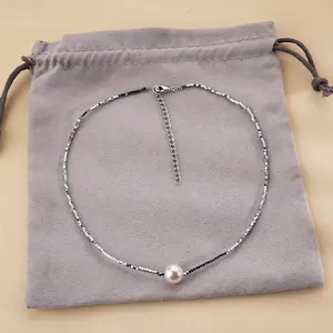 Kalung Choker batu hematit imitasi wanita, perhiasan kalung Choker mutiara imitasi