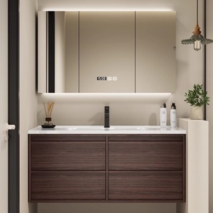 Meuble de salle de bain moderne de luxe avec vasque en céramique, armoire en bois massif et MDF, miroir intelligent, finition laquée - Product Image 3