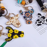 Perles en bois multicolores léopard avec pendentif tête de vache Highland, bracelet porte-clés