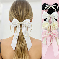 En gros, pinces à cheveux pour femmes avec nœuds en ruban de satin de soie et grandes perles, à longue queue, pour enfants et femmes, pour usage quotidien, fêtes et cadeaux