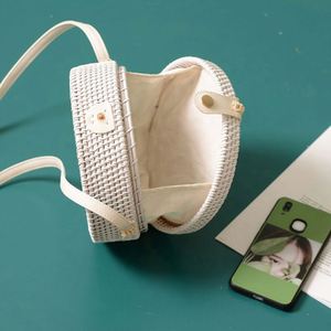 White Rattan Straw Round Women's Beach Crossbody <b>Bag</b> with <b>Long</b> Strap and Elegant Bow Decoration - Product Image 2