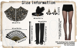 Costume de Charleston des années 20, ensemble de 9 pièces pour femme, tenue de fête vintage Gatsby avec bandeau à plumes, bijoux en perles, gants, éventail et bas. - Product Image 5