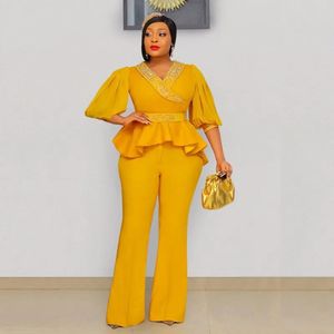 Completo da 2 pezzi: Abito africano da donna con top a maniche a tre quarti con volant e pantaloni a zampa a vita alta, elegante e alla moda, nuovo stile OL africano - Product Image 4