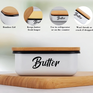 <span class=keywords><strong>Accessoires</strong></span> de décoration de <span class=keywords><strong>cuisine</strong></span> Grand plat à beurre en porcelaine blanche avec couvercle en bois d'acacia épais Contenant à beurre en céramique noire avec couvercle - Product Image 5